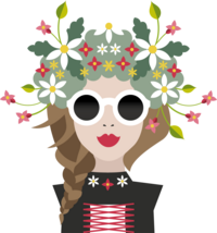 Die Amrai als bunte Illustration in Montafoner Tracht, mit Blumenschmuck auf dem Kopf und trägt eine Sonnenbrille