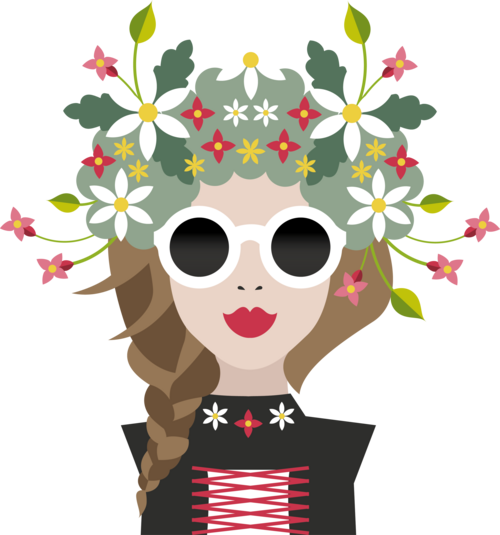 Die Amrai als bunte Illustration in Montafoner Tracht, mit Blumenschmuck auf dem Kopf und trägt eine Sonnenbrille